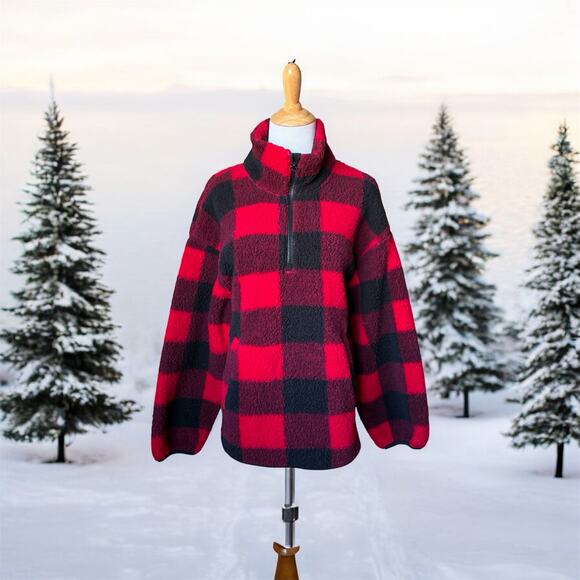 Old Navy Womens Black & Red Buffalo Plaid Fleece Half-Zip Pullover Sweater- Sz L - Picture 1 of 5